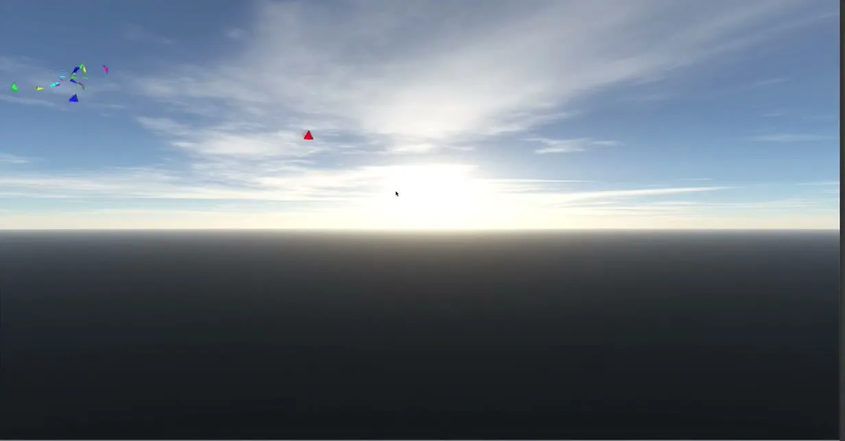 Coloured boids flocking above a horizon in the Unity simulation